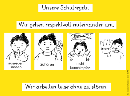 Plakat „Unsere Schulregeln“: Wir gehen respektvoll miteinander um (ausreden lassen, zuhören, nicht beschimpfen, Stopp sagen) und wir arbeiten leise ohne zu stören.